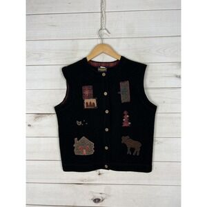 Woolrich Sweater Vest Womens XL Black Christmas Cabin Moose Button Knit